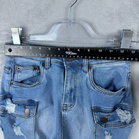 American Bazi Mini Skirt Cargo Denim Distressed Stretch Womens Size Small Blue - Picture 6 of 10